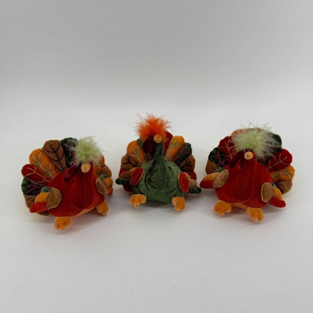 Vintage Velour Plush Thanksgiving Turkeys Set of 3 Embroidered Leaf Tail Decor